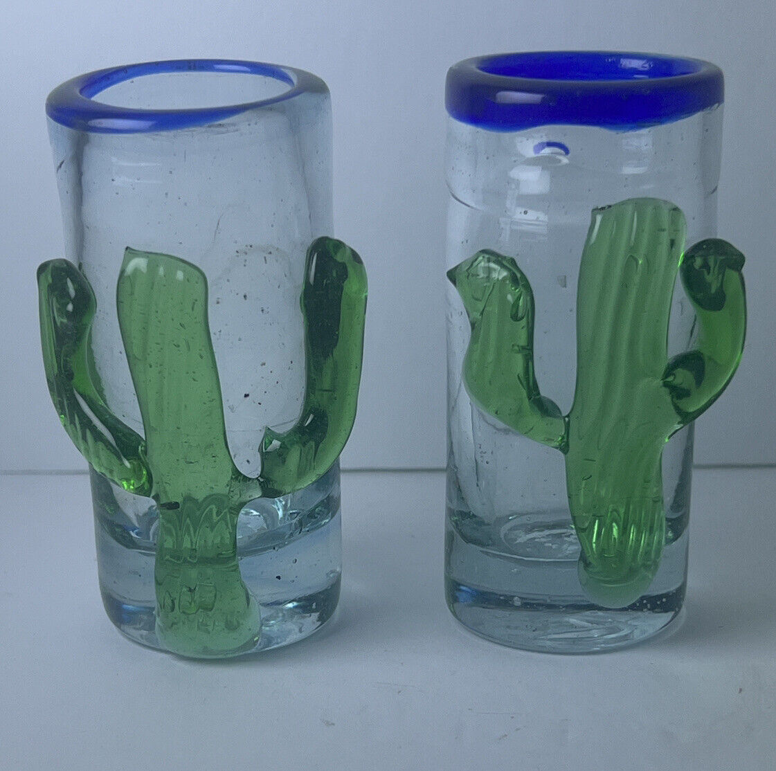 2 Saguaro Cactus Mexican Hand Blown Shot Glasses with Colored Rim