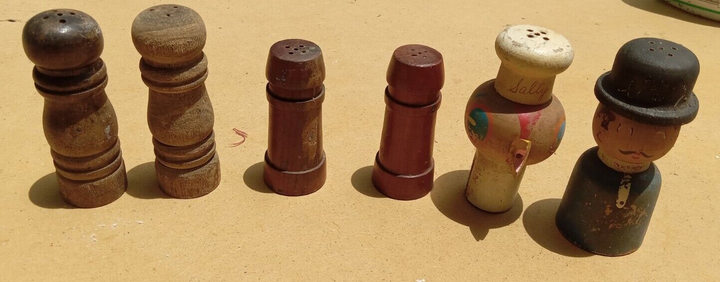 Lot Of 6 Wooden Salt And Pepper Shakers Unique Vintage Antique
