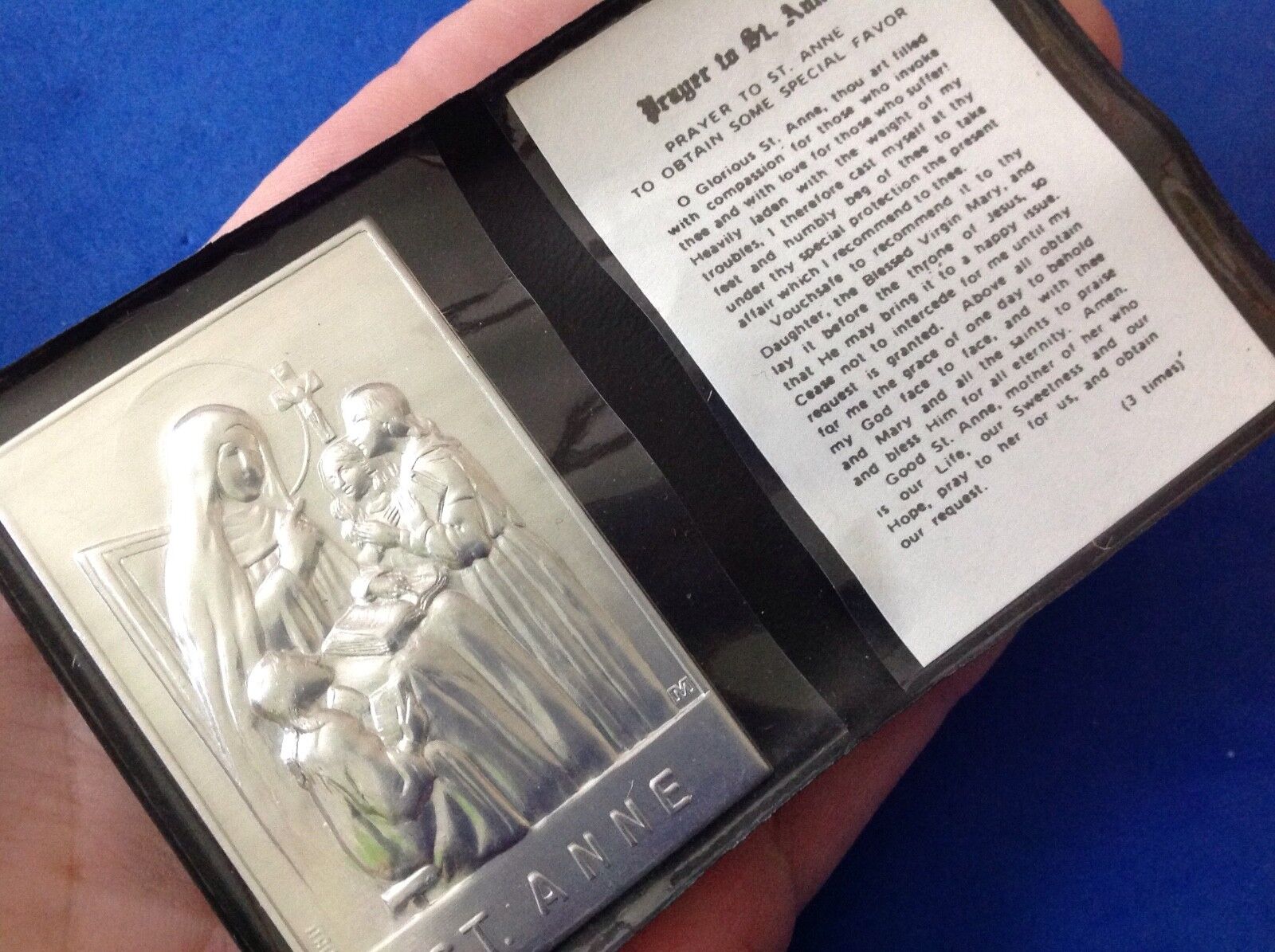 St ANNE ANN Silver Metal Saint Plaque Folder Pocket Catholic SHRINE PRAYER