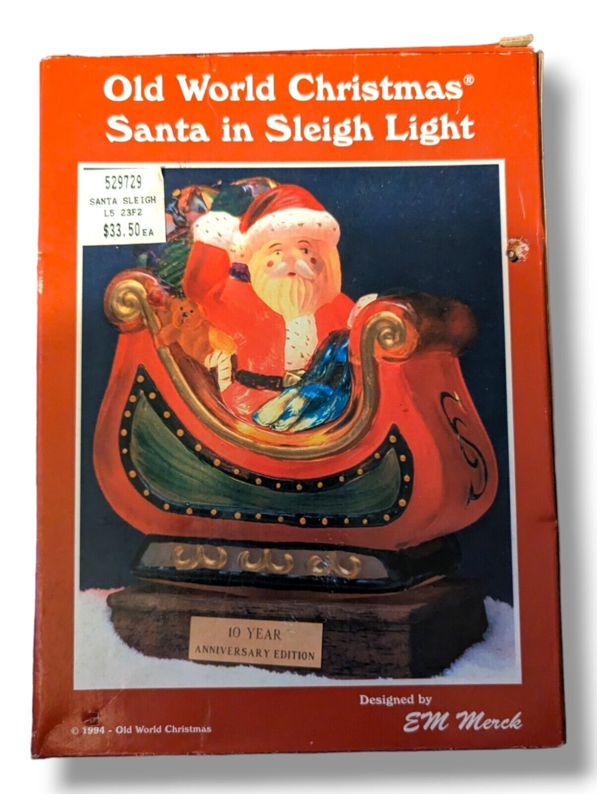 1993 EM Merck Old World Christmas 10th Anniversary Santa In Sleigh Light W/Box