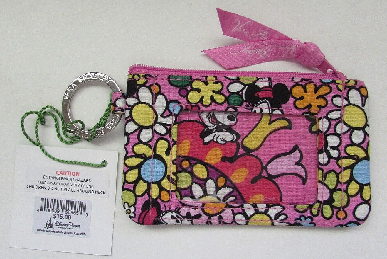 Vera Bradley NWT  Zip ID~Disney Parks/Mickey+Minni on Pink & Multi Color Flowers