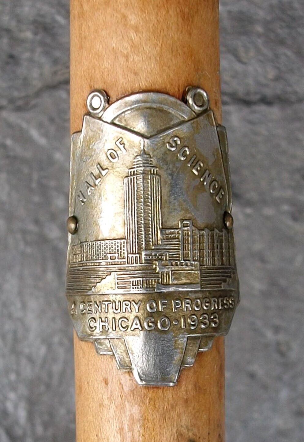 1933 Chicago Worlds Fair Walking Cane - Solid Wood -  Plaque - Stick - 36\