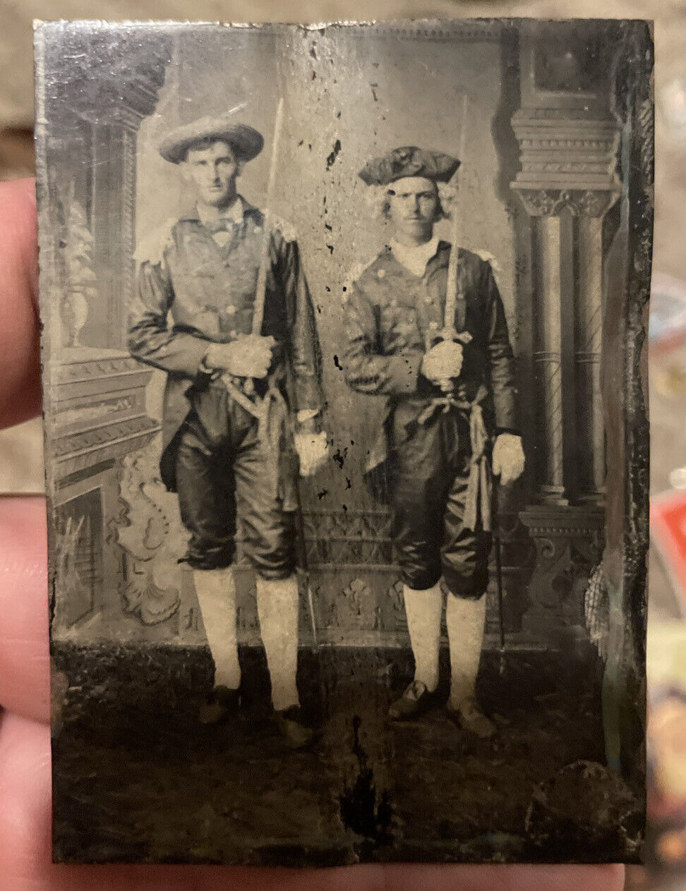 Small Antique Tin Type Two Men In foreign Military uniform with swords