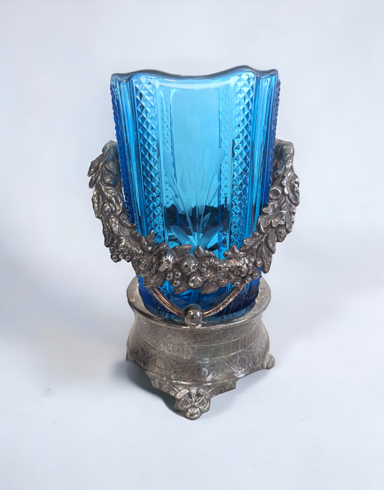 Antique Azure Blue Diamond Point Loop Celery Vase with Victorian Ornate Holder