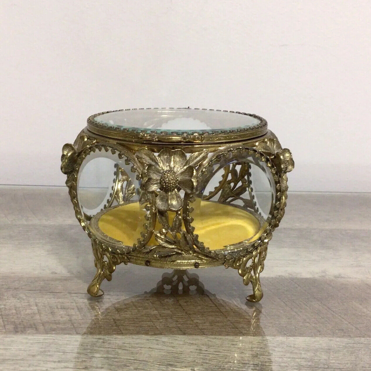 Antique Ormolu Beveled 5-Sided Glass Jewelry Box Casket Floral Trinket Vanity