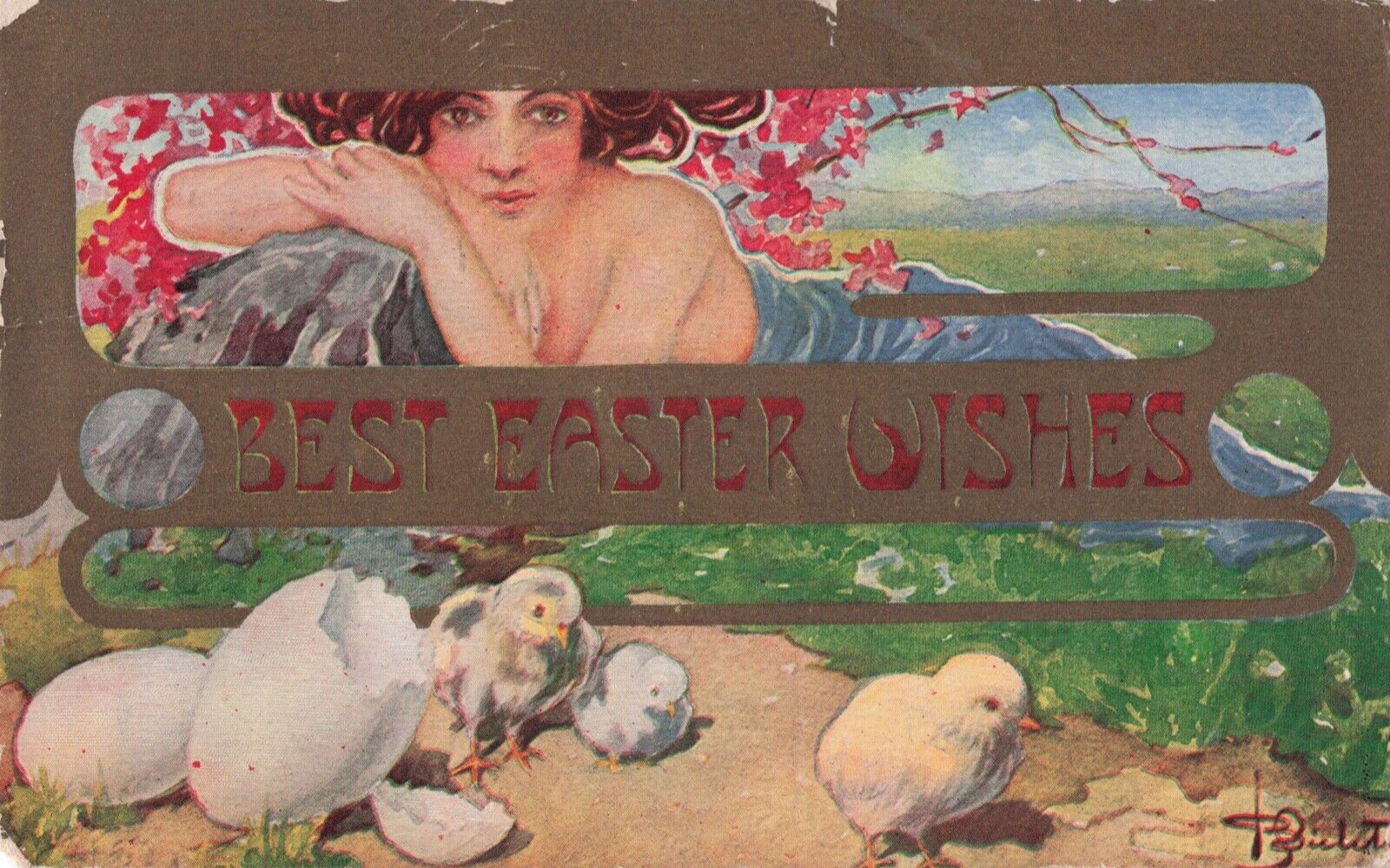 Artist Signed T. Bieletto Best Easter Wishes  Lady & Chicks Postcard 1911