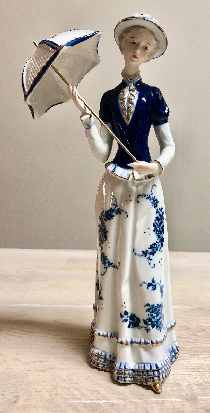 KPM Hand Painted Porcelain Victorian Lady With Umbrella 24k Gold Trim Statue