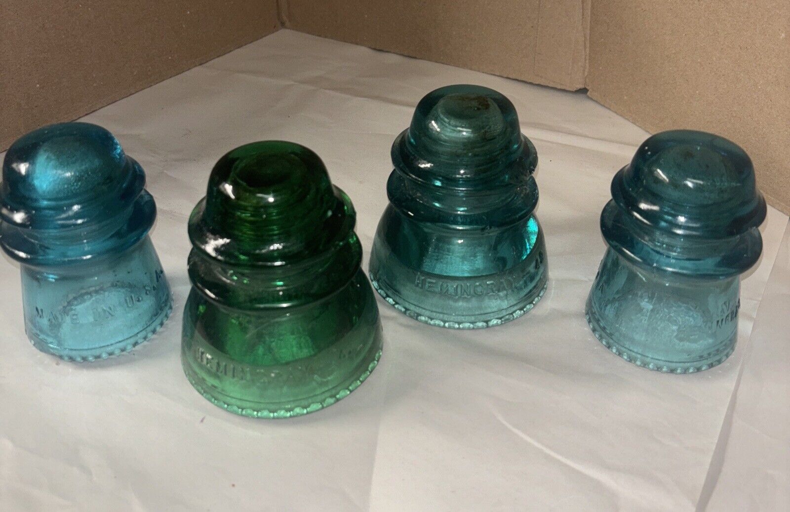 Vintage Glass Insulator Lot 2-Aqua/Green Hemingray 16 & 2-Hemingray 42 (Read)