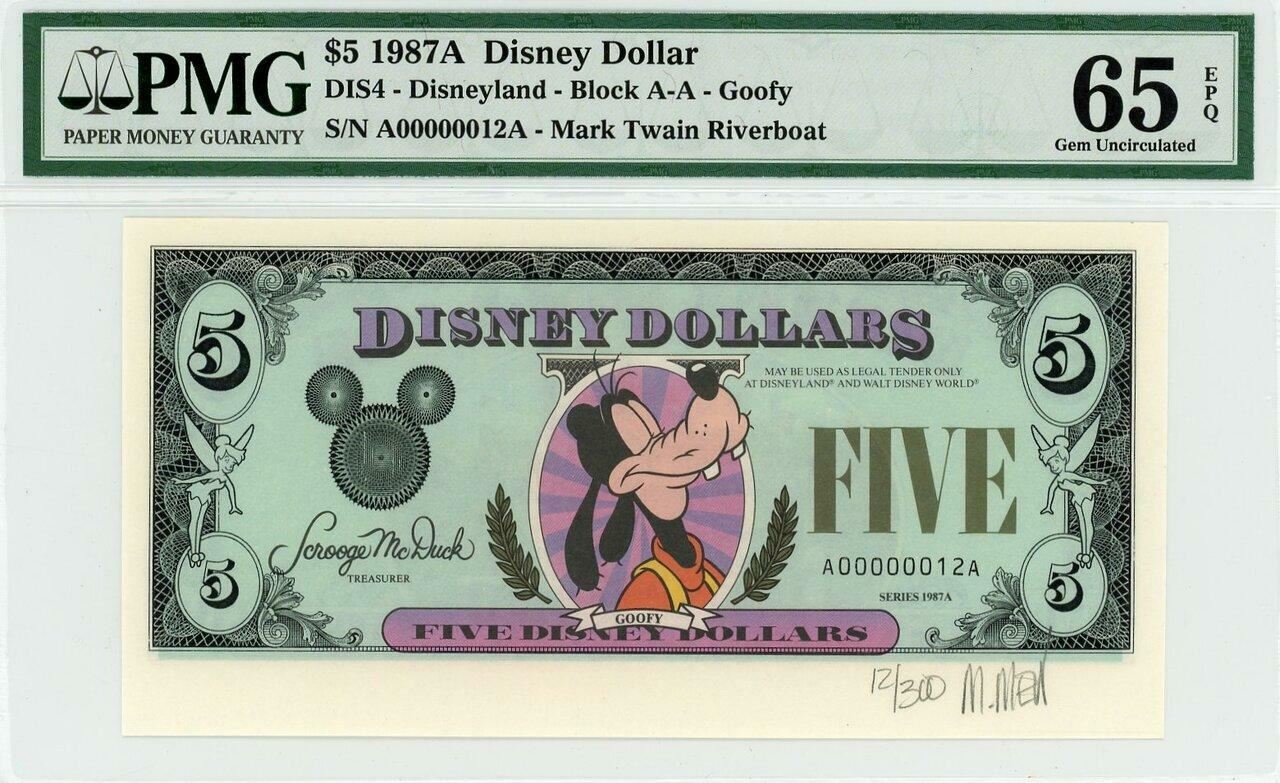 1987 A $5 Disney Dollar Goofy DIS4 PMG 65 EPQ S/N A00000012A