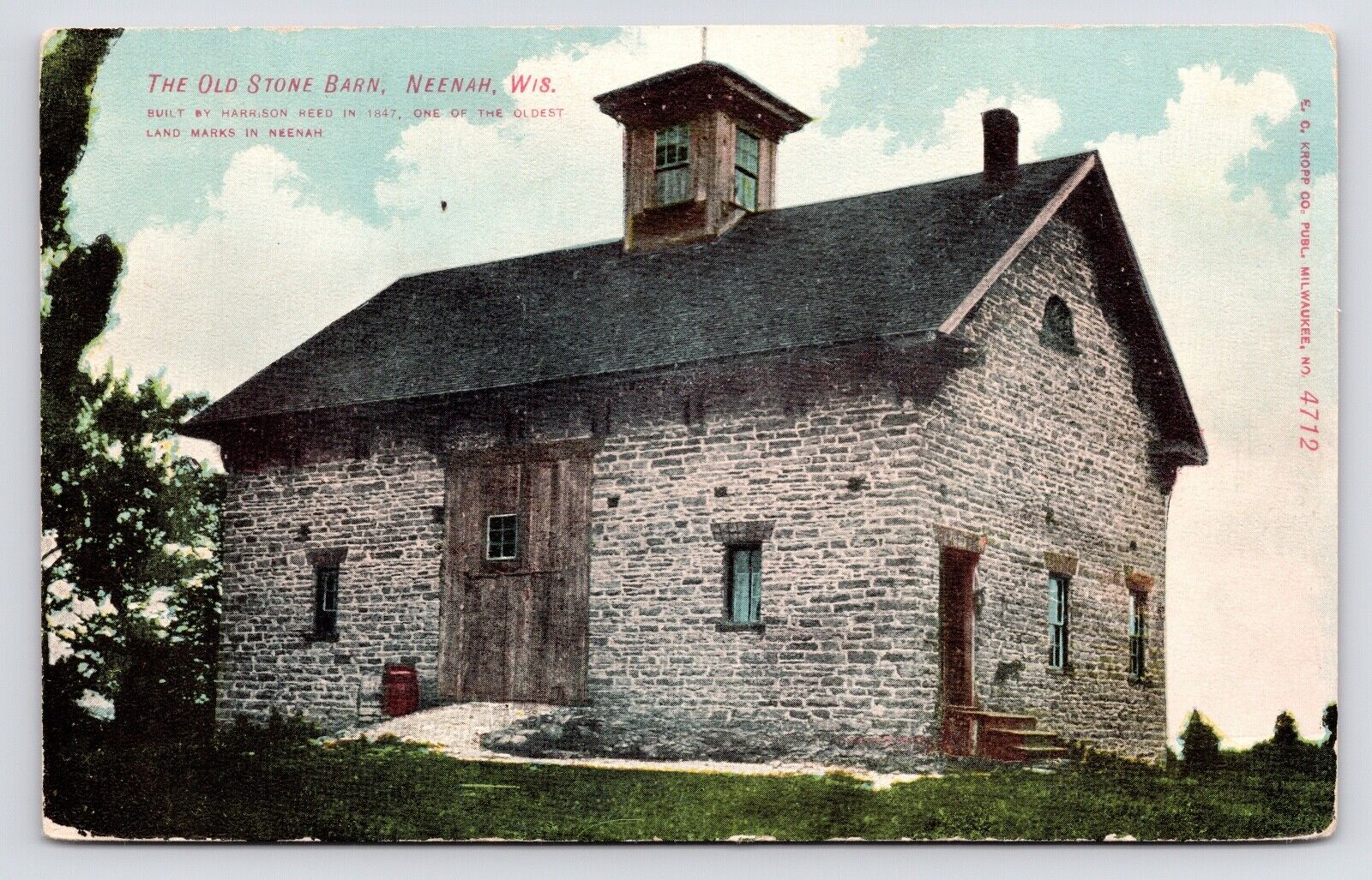 c1908~Neenah Wisconsin WI~Harrison Reed~Stone Barn Built 1847~Antique Postcard
