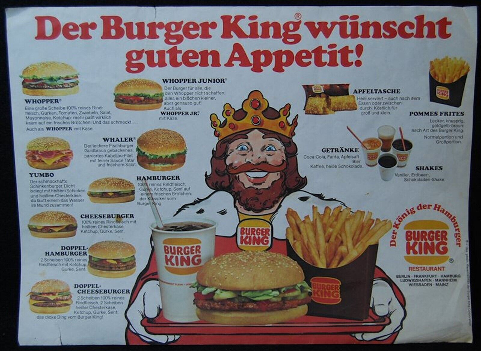 [ 1970s - 1980s BURGER KING Placemat from GERMANY -- Unusual Fast Food Item ]
