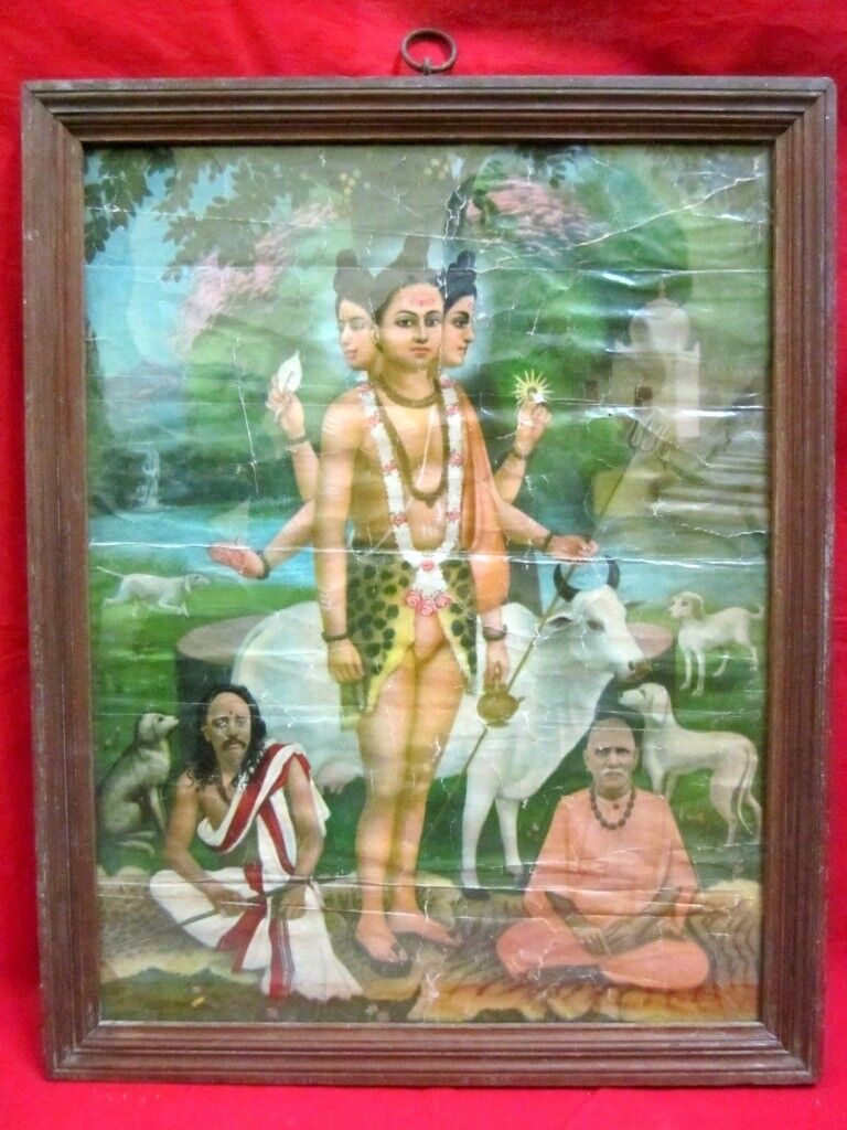 Rare Vintage Collectible Hindu God Litho Print God Dattatreya Print With Frame