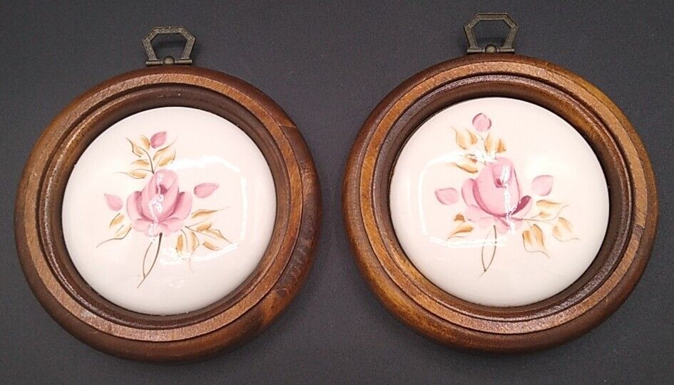 Pair Of MCM Lasting Products Inc Round Hand Painted Ceramic Pink Rose Wall Art 