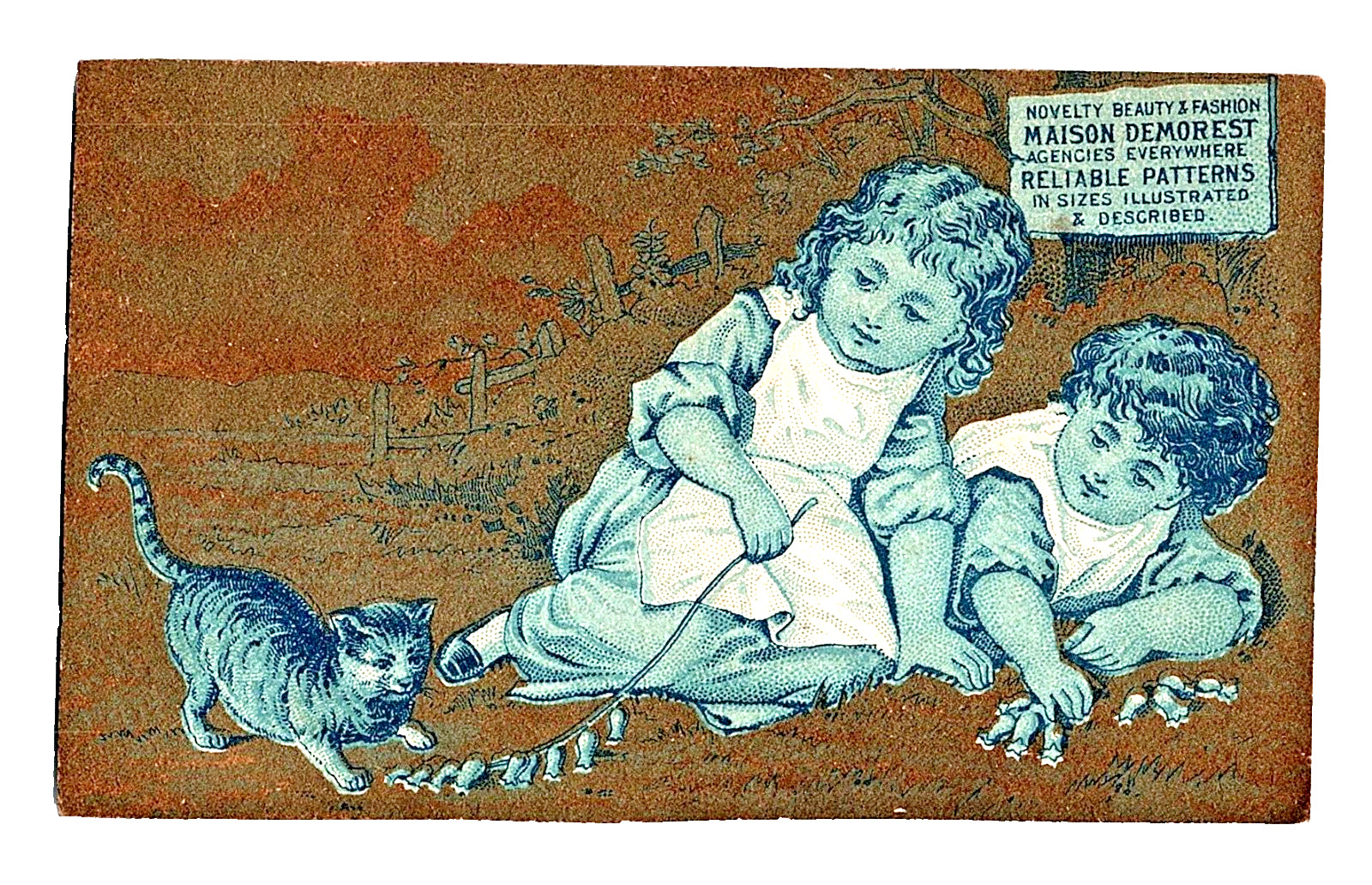 Victorian Trade Card 1881 MME Maison Demorest\'s What To Wear Kids Kitten Playing