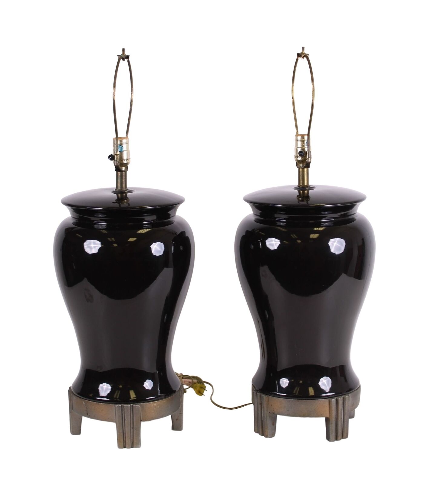 Large Pair Of Mid Century Black Ginger Jar Style Porcelain Black Lamps