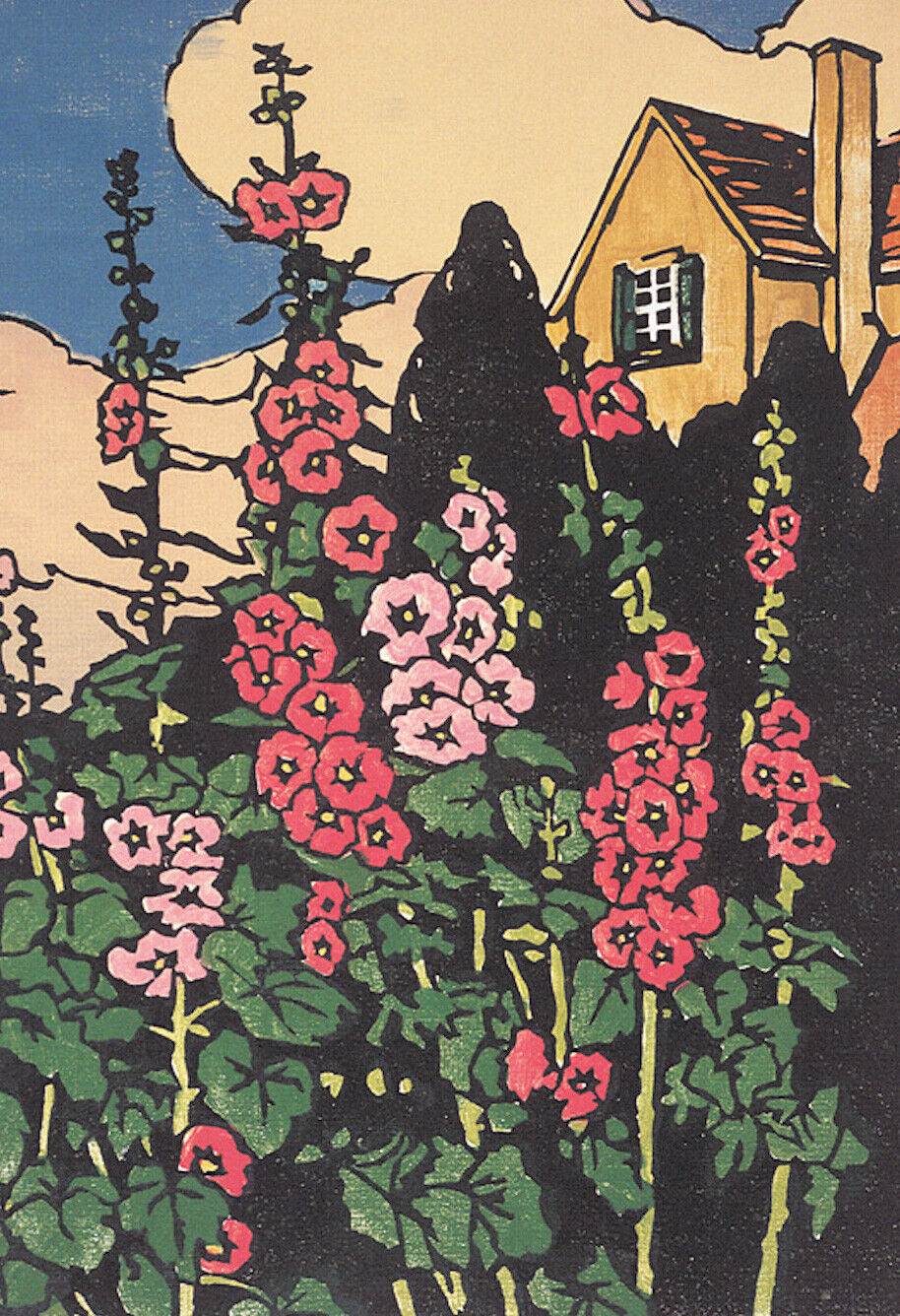 Postcard: Arts & Crafts Cottage with Garden of Hollyhocks, Art Nouveau