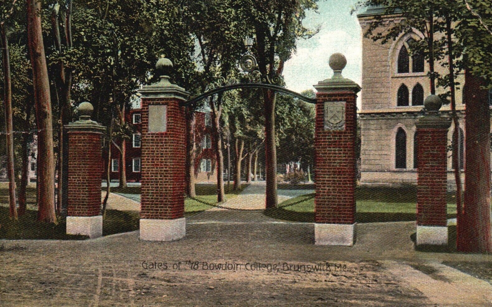 Postcard ME Brunswick Gates of 78 Bowdoin College Posted 1909 Vintage PC H6781