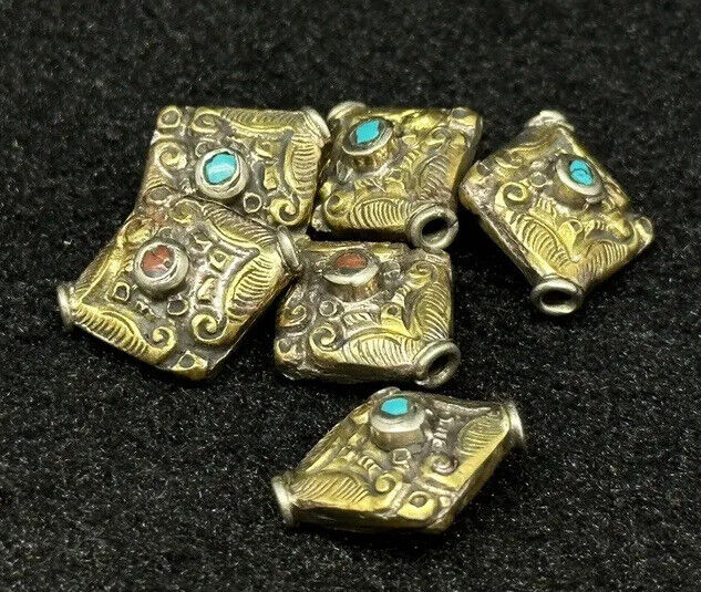 Tibeten Vinatge Old Antique Style 6 Spacer Beads Real Brass Turquoise Coral