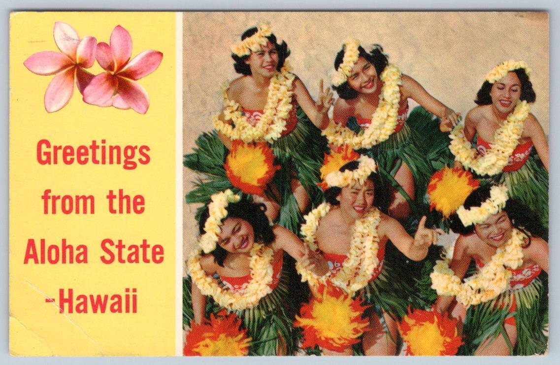 1963 GREETINGS FROM THE ALOHA STATE HAWAII HULA GIRLS LEIS*TUBERCULOSIS CANCEL
