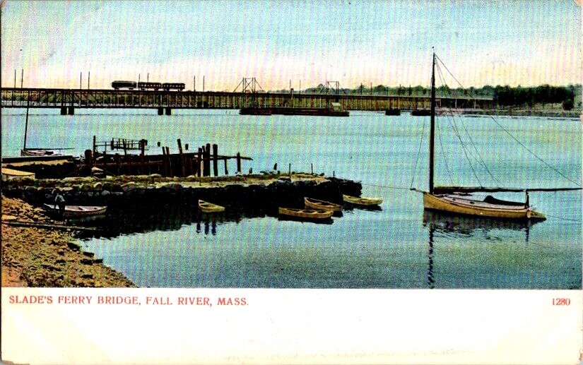 Vintage Postcard Slade\'s Ferry Bridge Fall River MA Massachusetts Boats    D-301