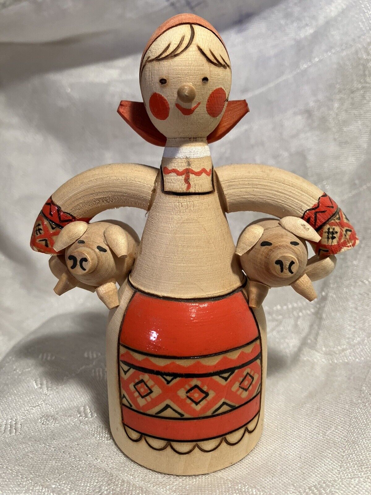 Vintage Russian Pig Maiden Wood Figurine 