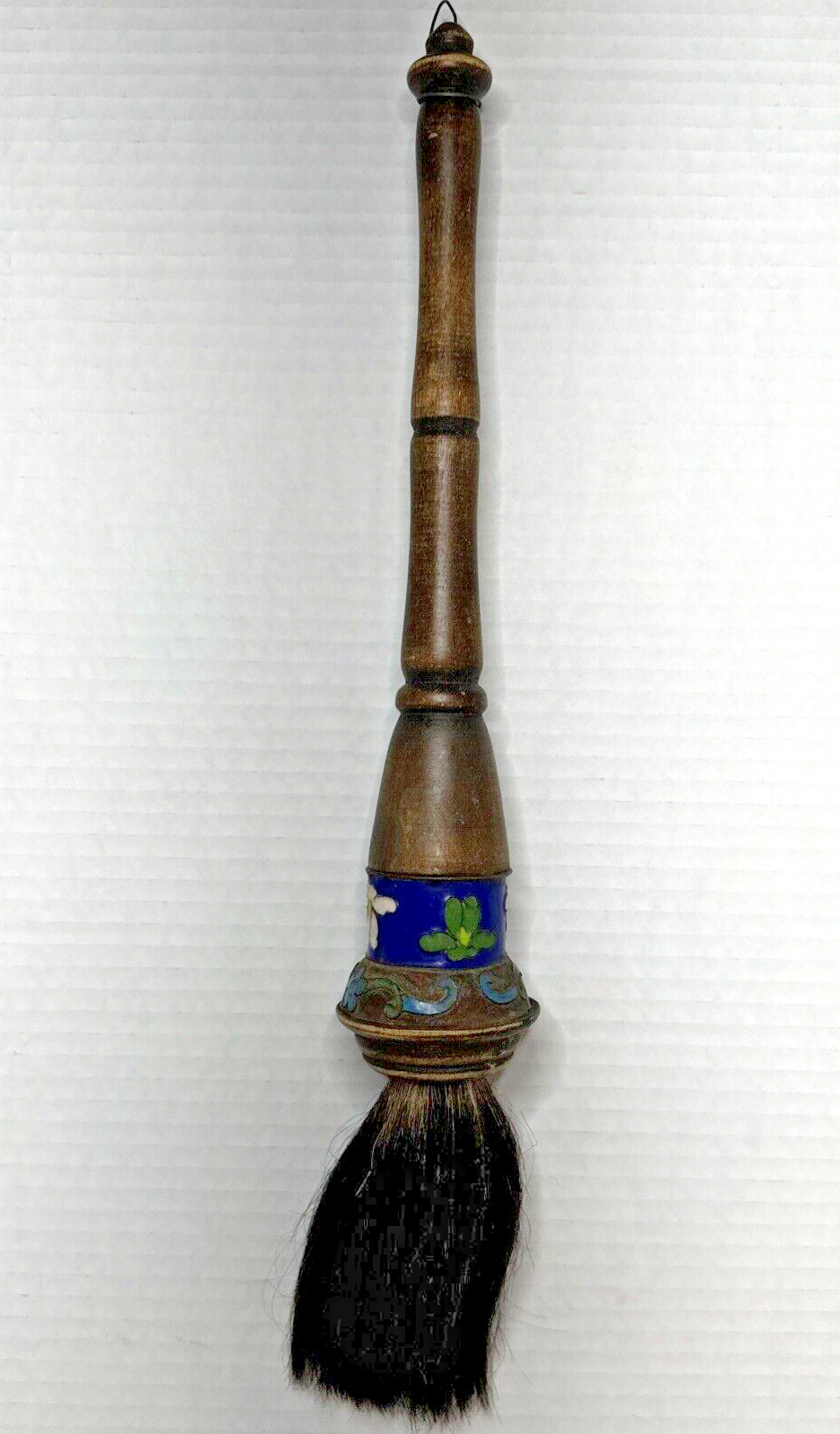 Antique Chinese Scholar's Calligraphy Fly Brush Carved Enamel Floral Horse Hair