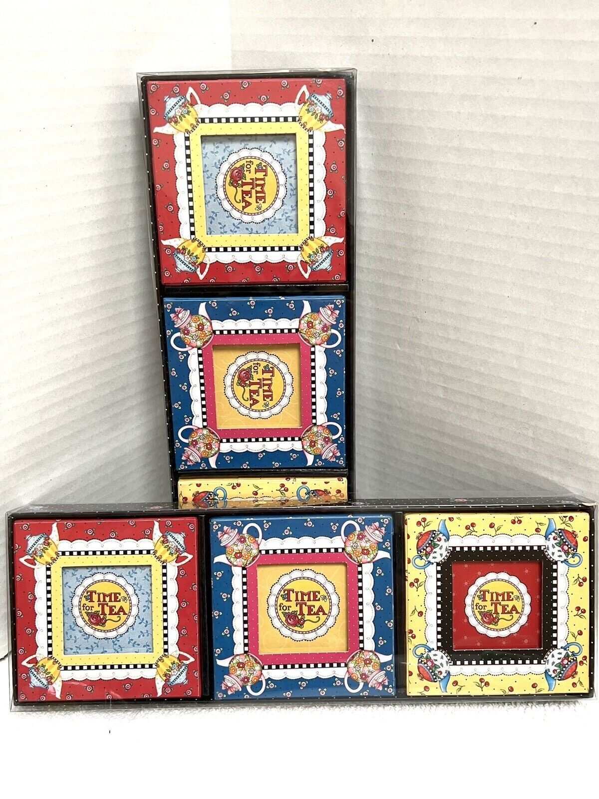 Mary Engelbreit Time For Tea Place Card Photo Frames Set 6 Red Blue Yellow New
