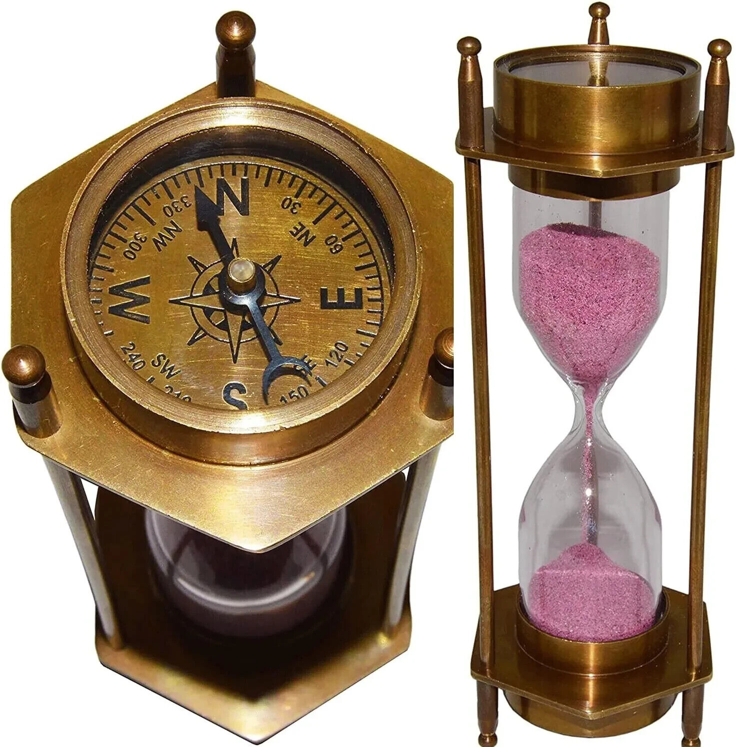 A Perfect Decorative Brass Sand Timer Hourglass with Exquisite Marine Compass