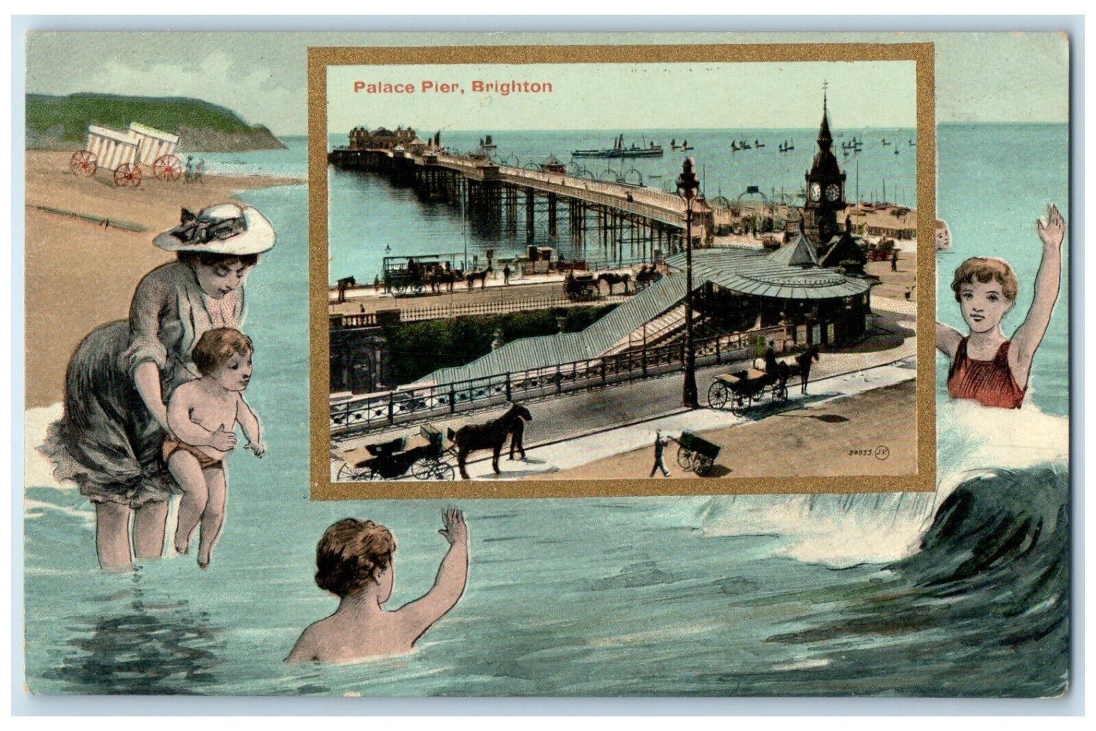 c1910 Bathing Scene at Beach Palace Pier Brighton England Antique Postcard