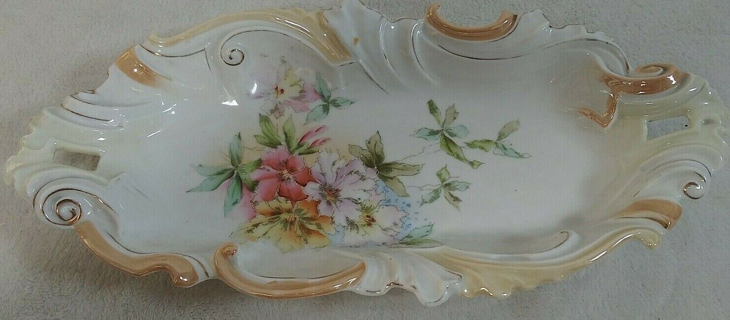 Vintage Hand Painted Porcelain Floral Scallop Trim Candy Tray Relish  Dish