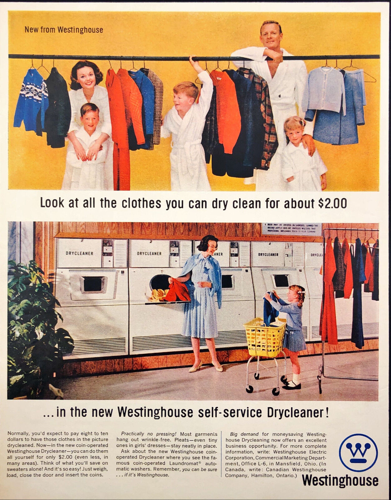 1962 Westinghouse Self-Service Drycleaner Laundry Mat Family Vintage Print Ad