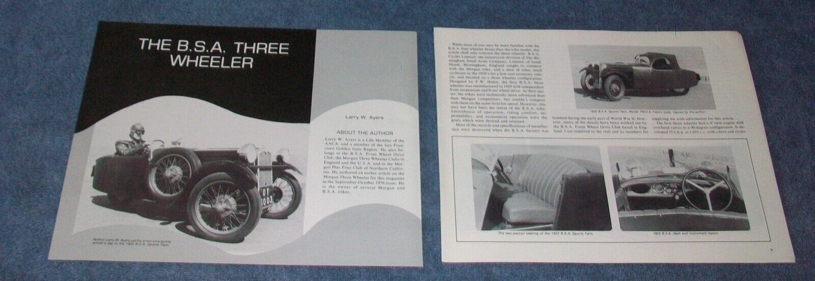 1930\'s BSA Three Wheeler Trike History Info Article ---From 1977--- Sports Twin