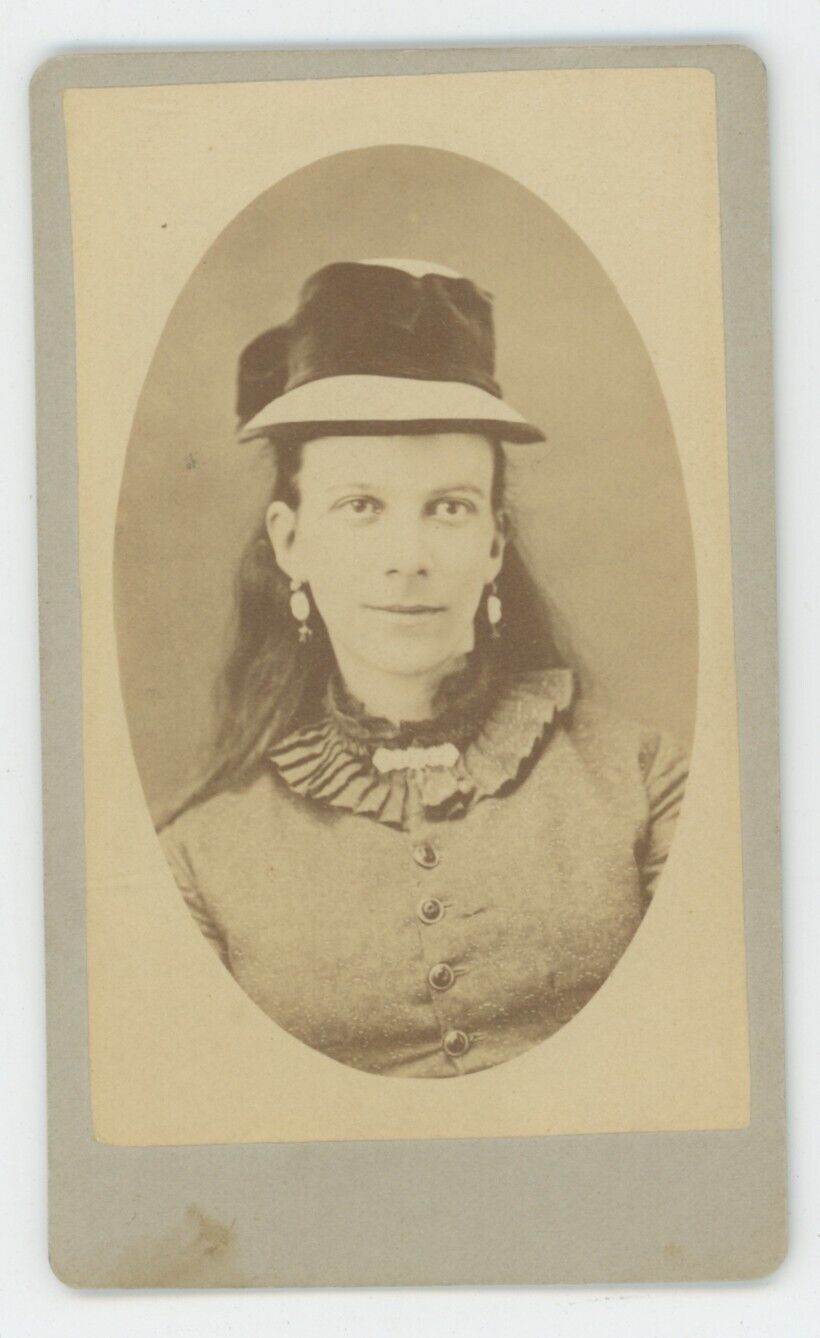 Antique CDV Circa 1880s Unique Looking Woman Wearing Stylish Hat & Earrings