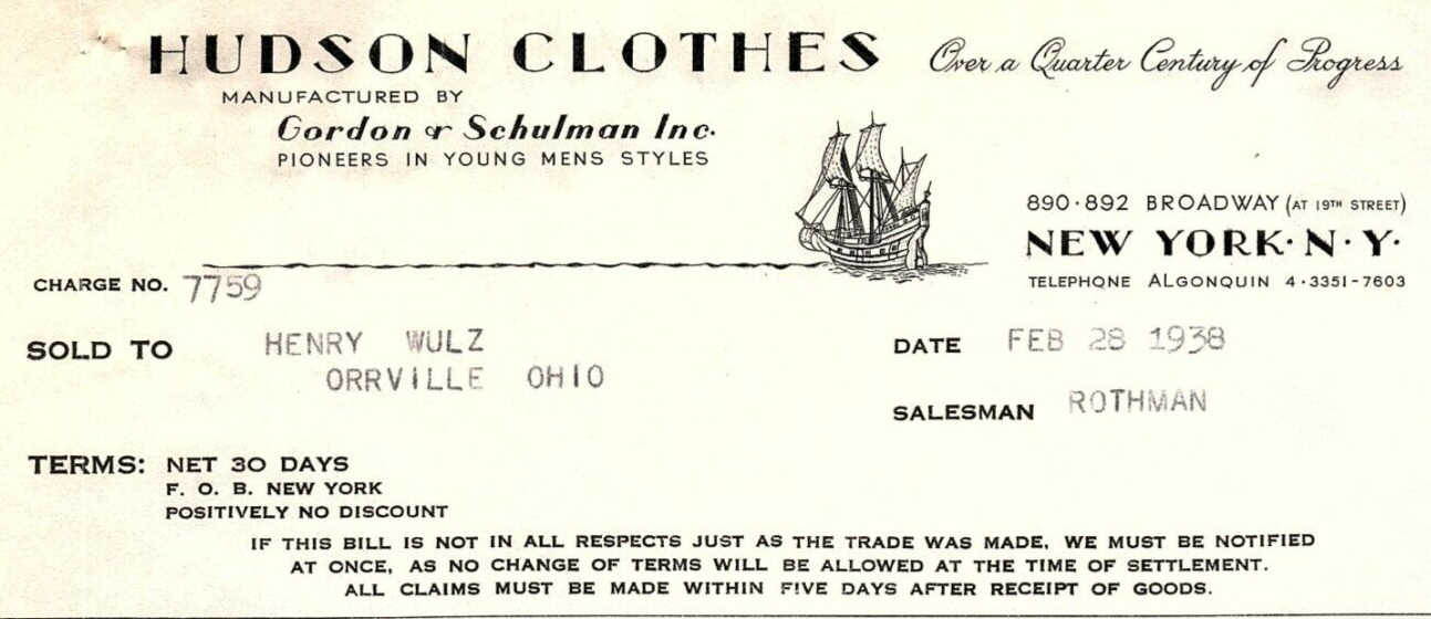1938 HUDSON CLOTHES GORDON AND SCHULMAN N.Y. YOUNG MEN'S  BILLHEAD INVOICE Z504