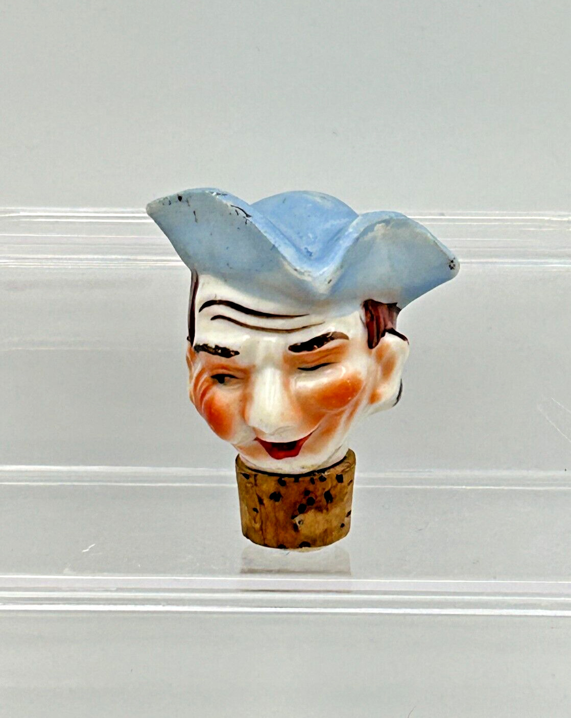Vintage Porcelain Colonial Blue Hat Man Head Cork Bottle Stopper Pourer