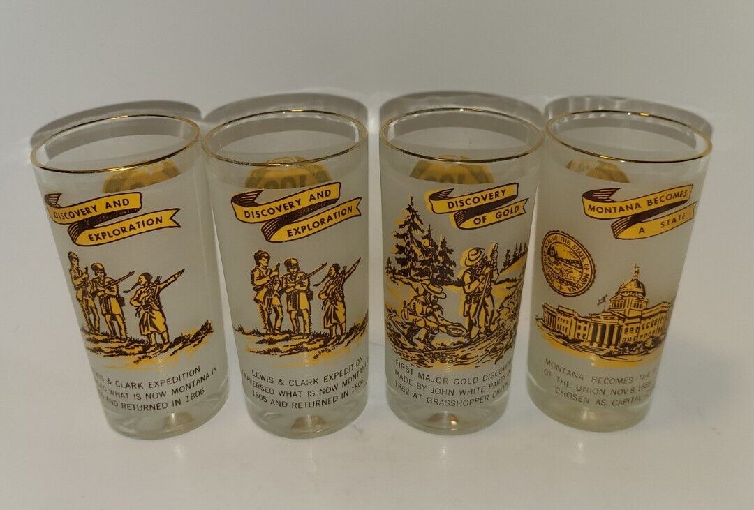 4 MONTANA TERRITORY CENTENNIAL STATEHOOD DIAMOND JUBILEE DRINKING GLASSES 1964