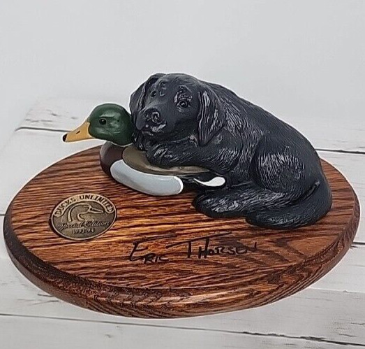 Ducks Unlimited Special Ed., Figurine, VTG, Labrador Dog With Duck Decoy, Signed