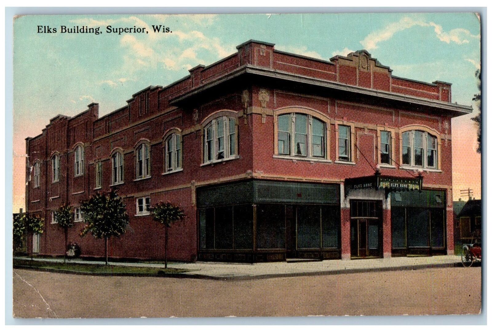 Superior Wisconsin Postcard Elks Building Exterior Roadside Scene 1912 Antique