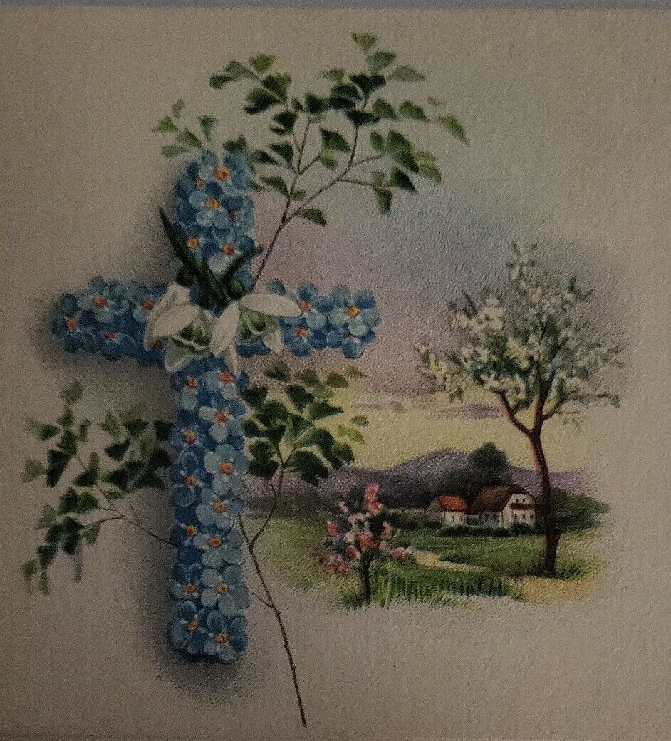 Antique DB Postcard Easter Cheer Poem Blue Flowers Cross House Scene Unposted