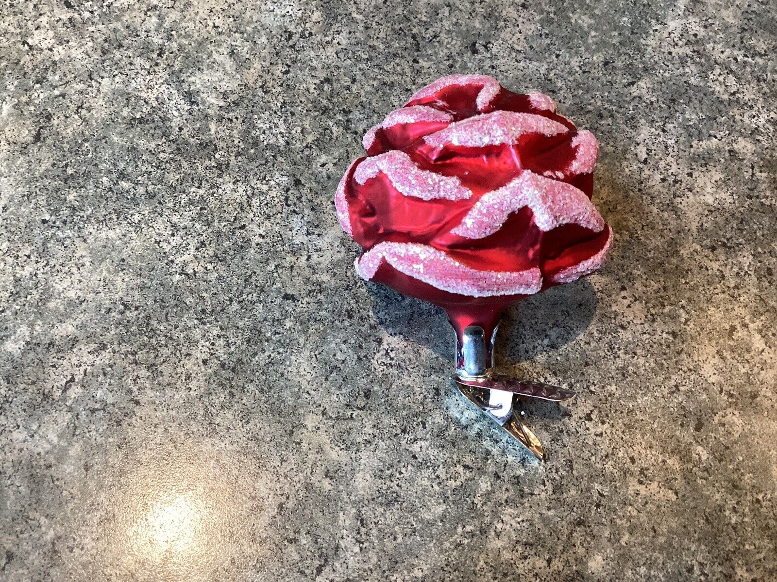 Vintage Mercury Glass Christmas Ornament Clip on flower Peony dark pink