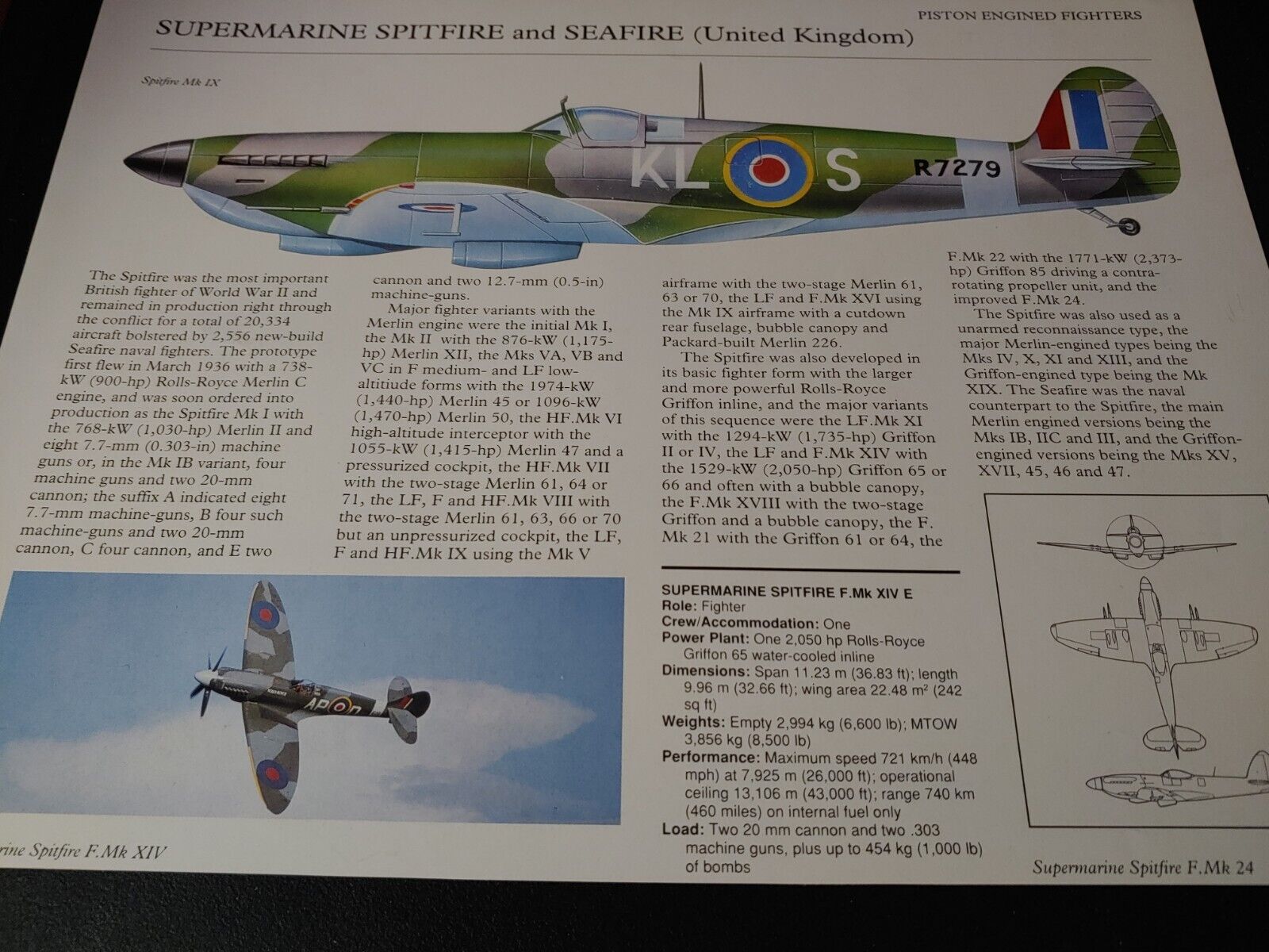 NlCE ~ Supermarine Spitfire & Seafire Military Plane Aircraft Profile Data Print