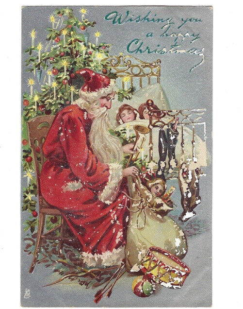 c.1900s Happy Christmas Santa Toys Tree Kids Sleeping Robe Tuck & Sons Postcard
