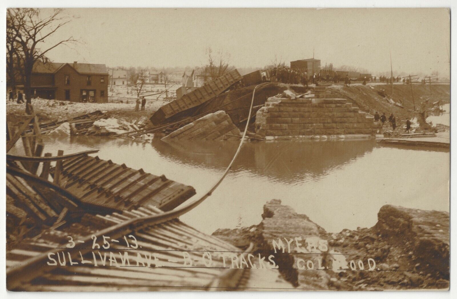 1913 Columbus, Ohio REAL PHOTO B & O Railroad Tracks, Flooded Town, Old Postcard