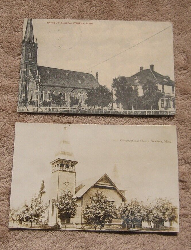 Wadena MN Minnesota 1914 Postcard Catholic Church Large Home Congregational RPPC