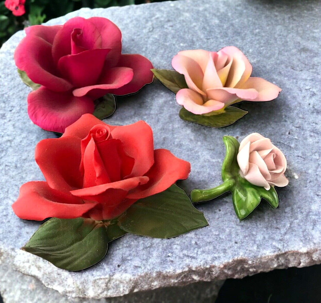 Four Vintage Porcelain Bisque Rose Flower Sculptures Capodimonte & Others