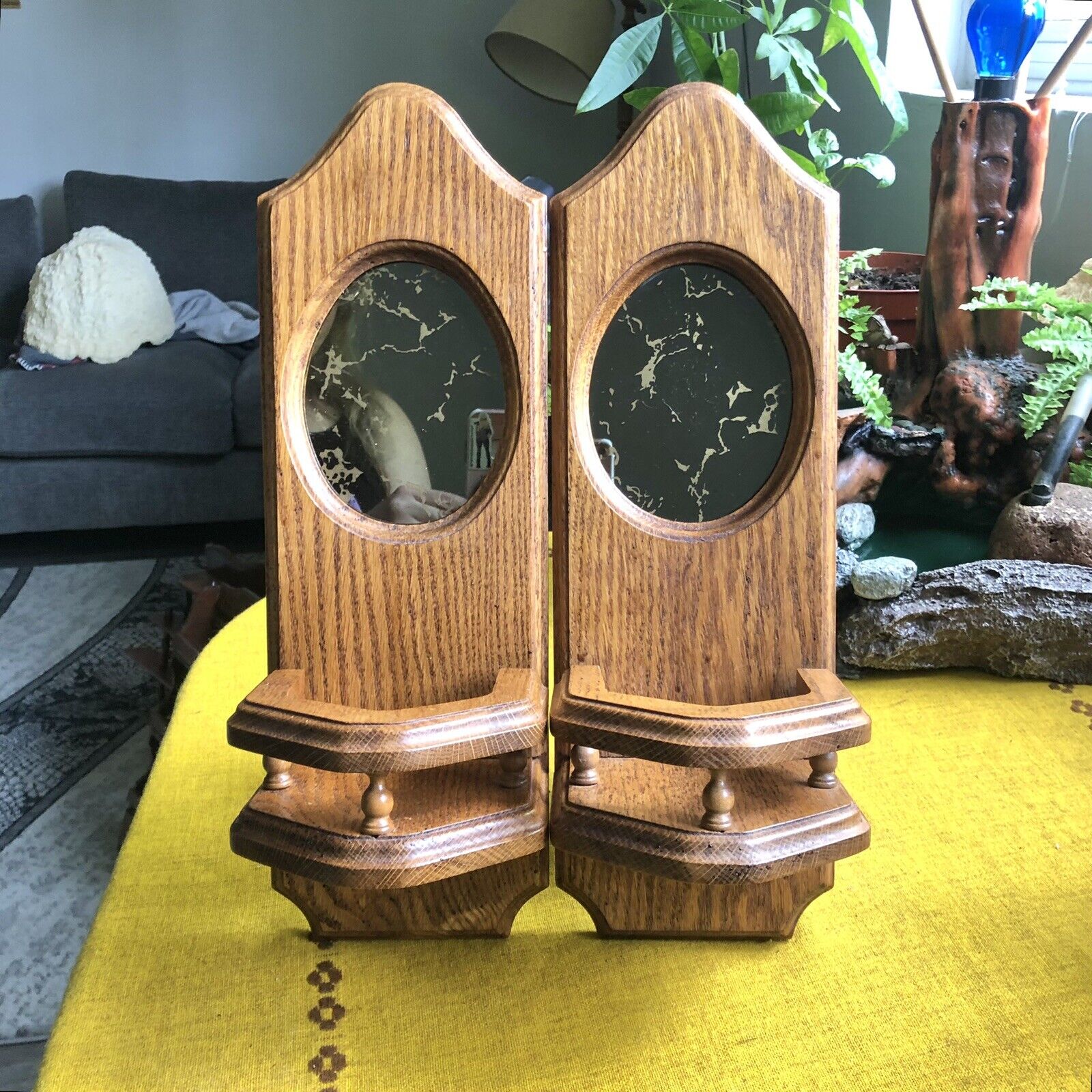 Pair of Vintage Mirrored Wood Wall Sconces Candle Holders