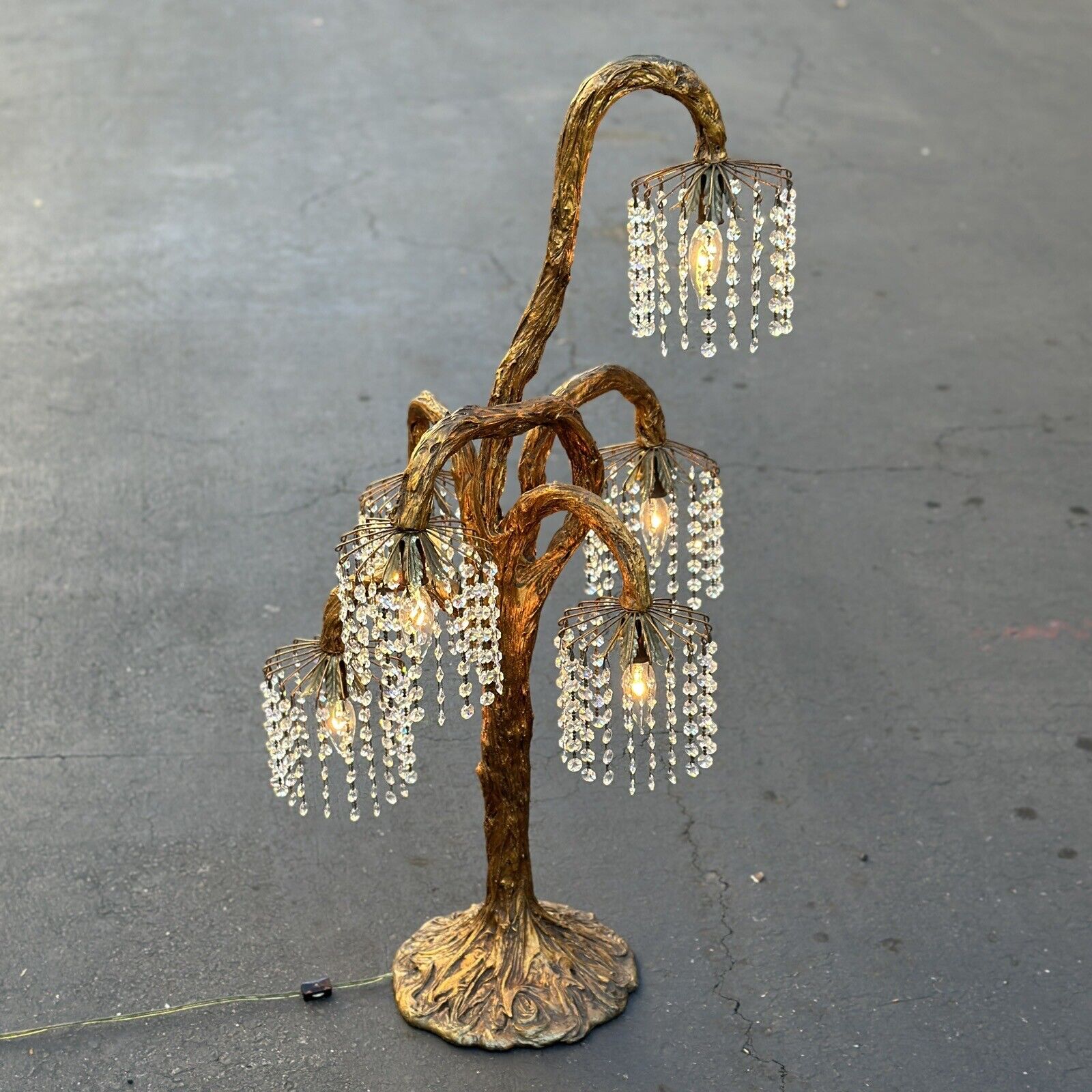 Vintage MCM Mid Century Gold Tree Branch Chandelier Crystal 6 Light Lamp 40