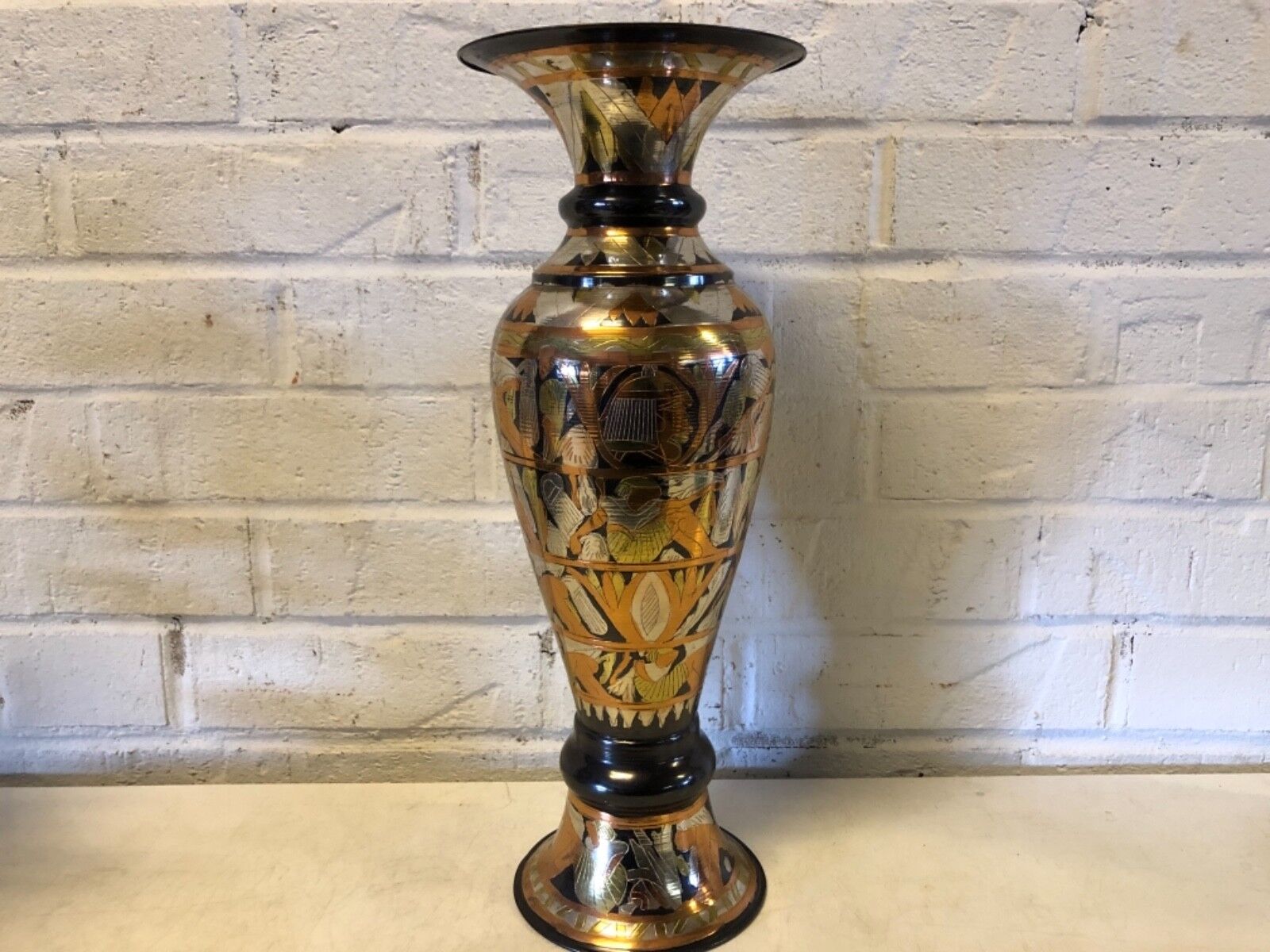 Vintage Egyptian Revival Painted Etched Metalic Colored Large Urn