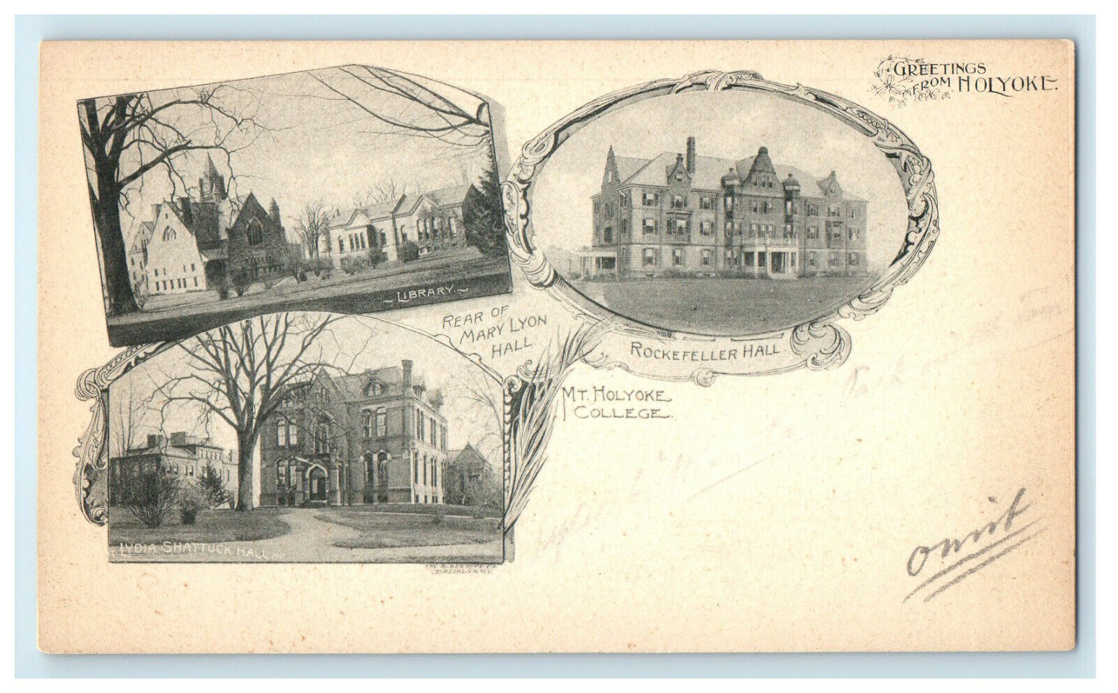 c1900 Multiview of Halls, Mt Holyoke College Greetings from Holyoke PMC Postcard