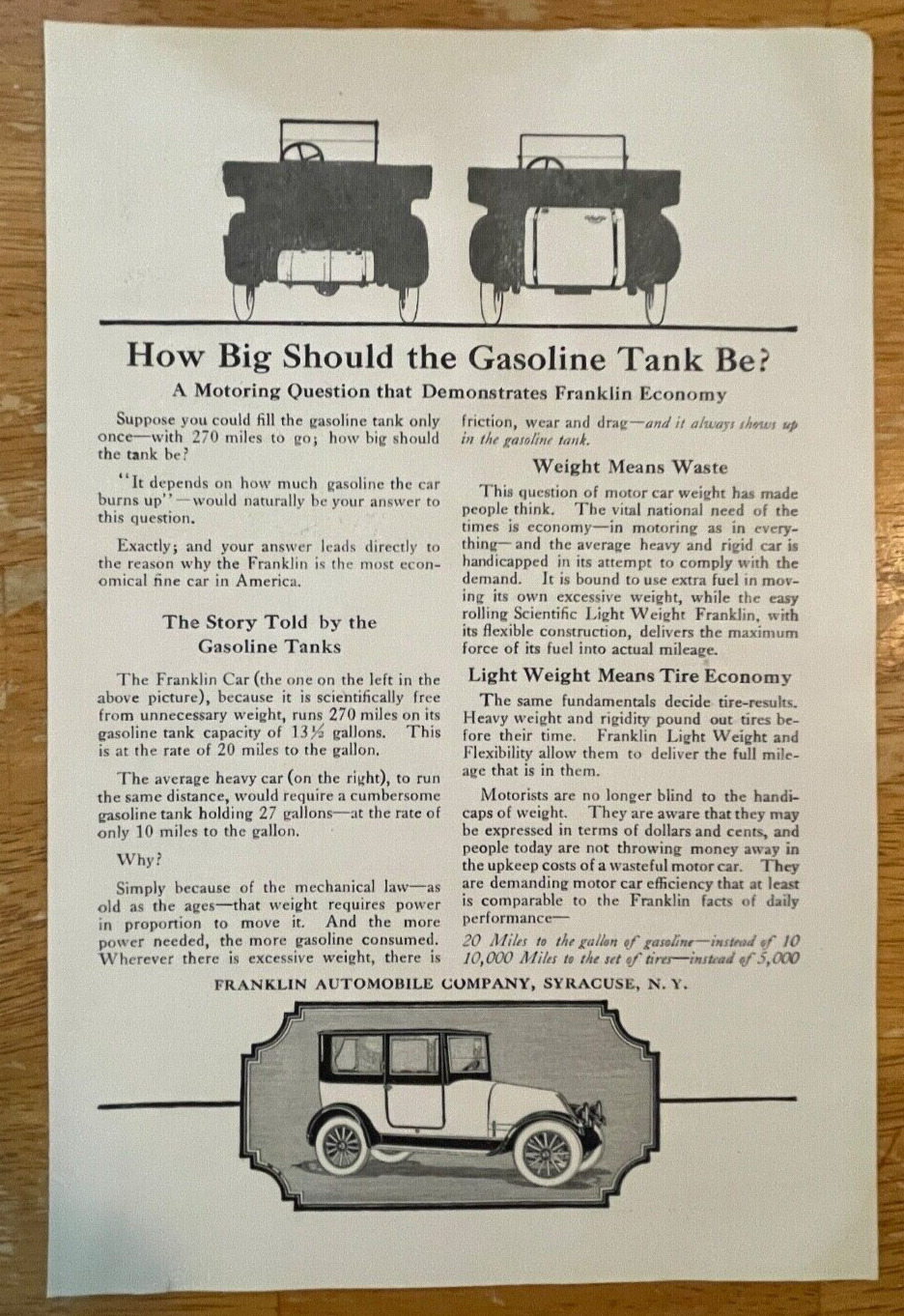 1918 Franklin Automobile Co. Gasoline Tank Size Vintage Print Ad  Full Page B&W